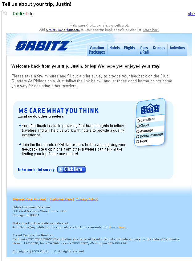 Orbitz Post Trip Survey Email