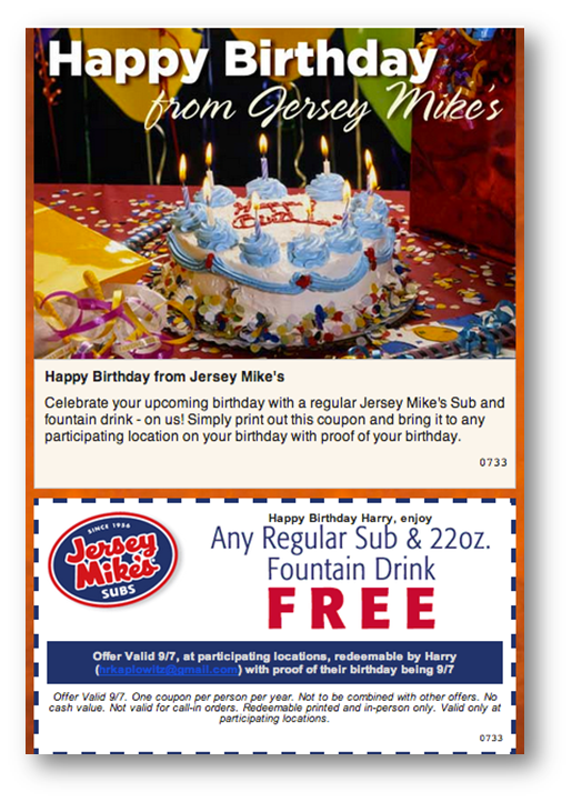 Jersey Mike's Birthday Email Example