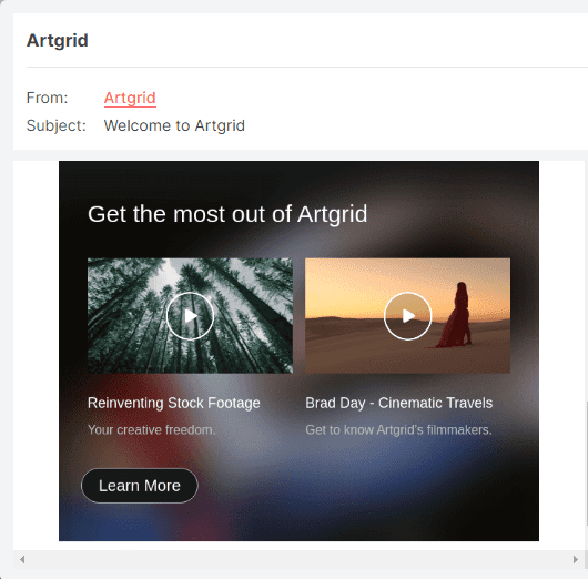 Artgrid using videos in welcome email